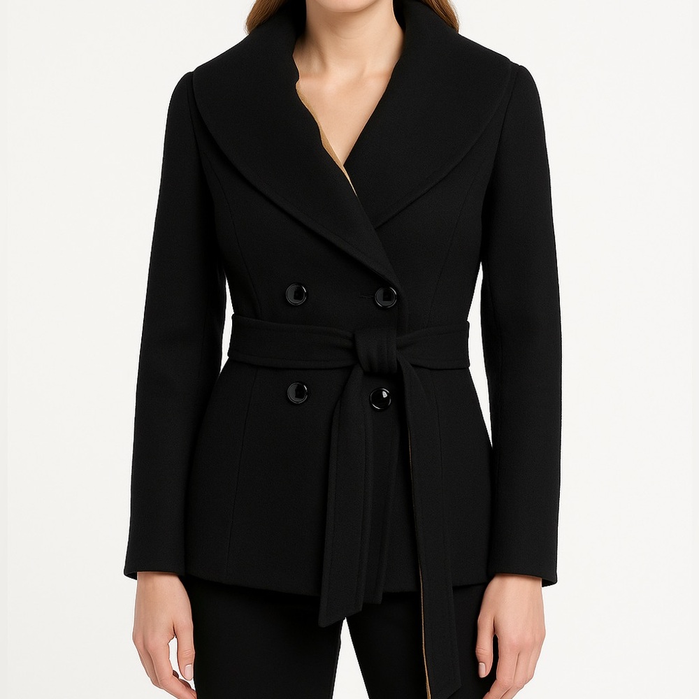 St. John Black Wool Cashmere Blend Shawl Collar Coat with Camel Lining Size 2